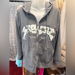 Women's Gray Zip-Up Corduroy Hoodie with Star Appliques